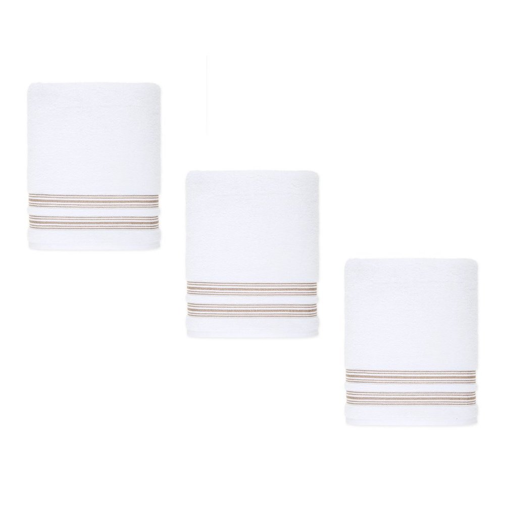 3 Nestwell 100% Hygro Cotton 30x54" BATH TOWELS - WHITE w/ TAN Fashion Stripes